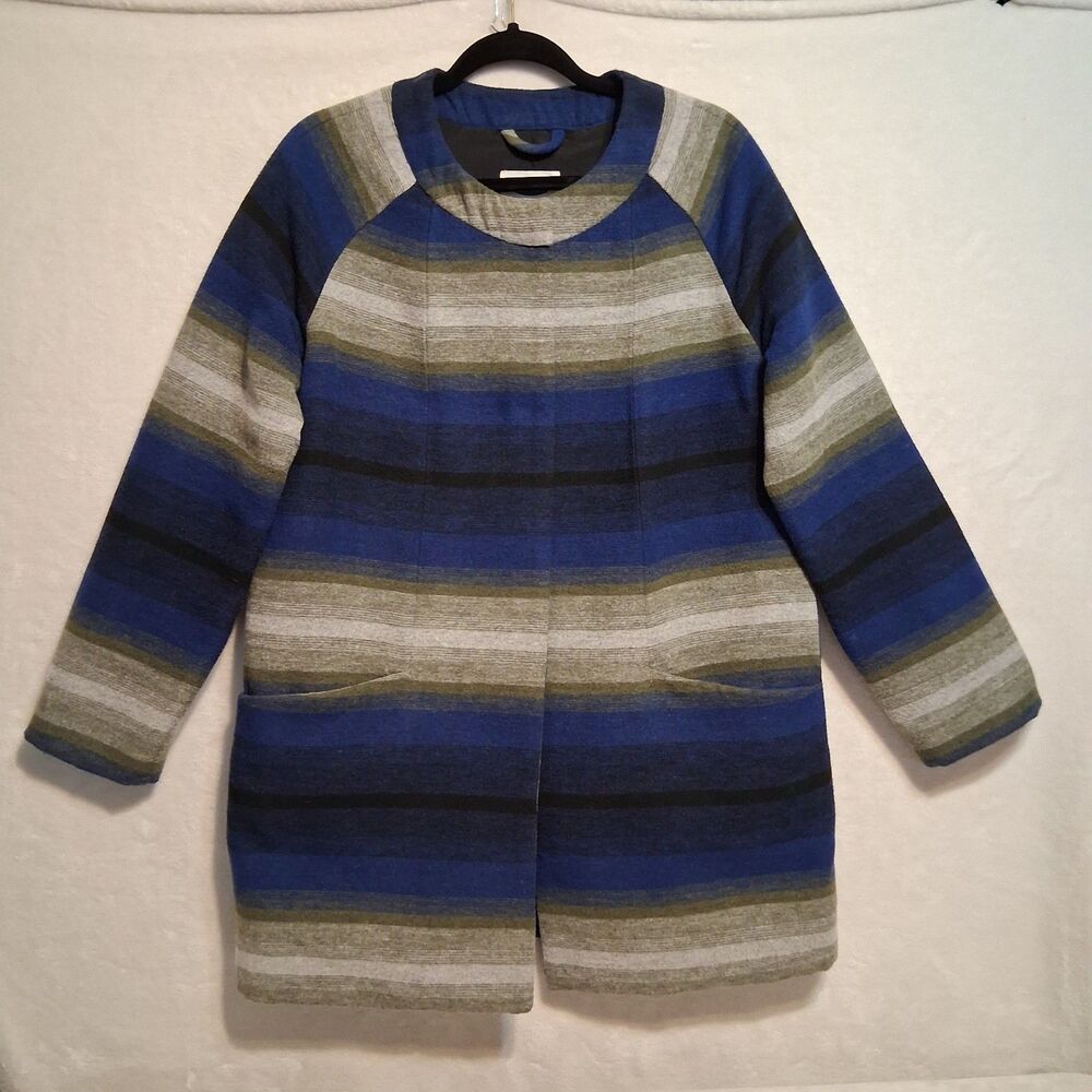 Old Navy M Coat Blue Striped Flannel Wool Blend Lined Pockets Snap Closure